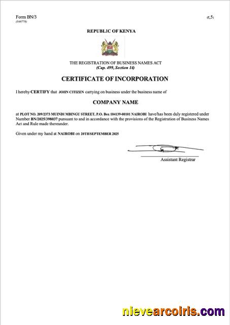 Kenya certificate of incorporation, version 2